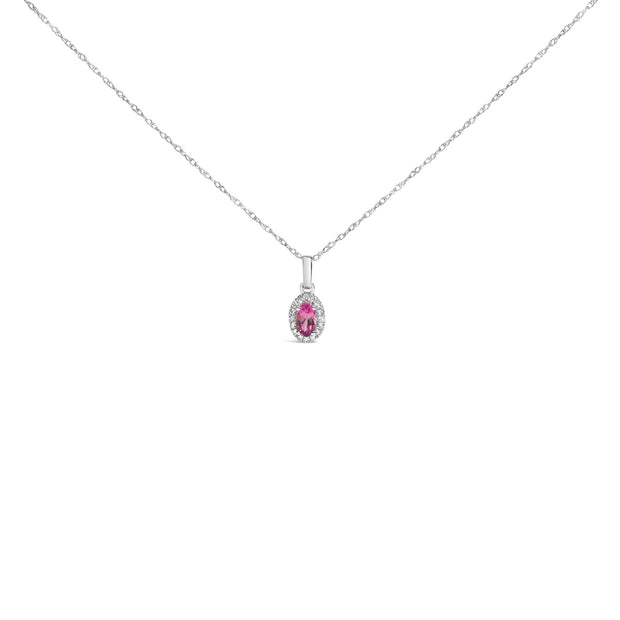 10K White Gold 5x3mm Gemstone & Diamond Halo Oval 18" Pendant Necklace