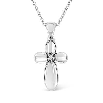 925 Silver Diamond Accent Floral Cross Pendant Necklace 18"