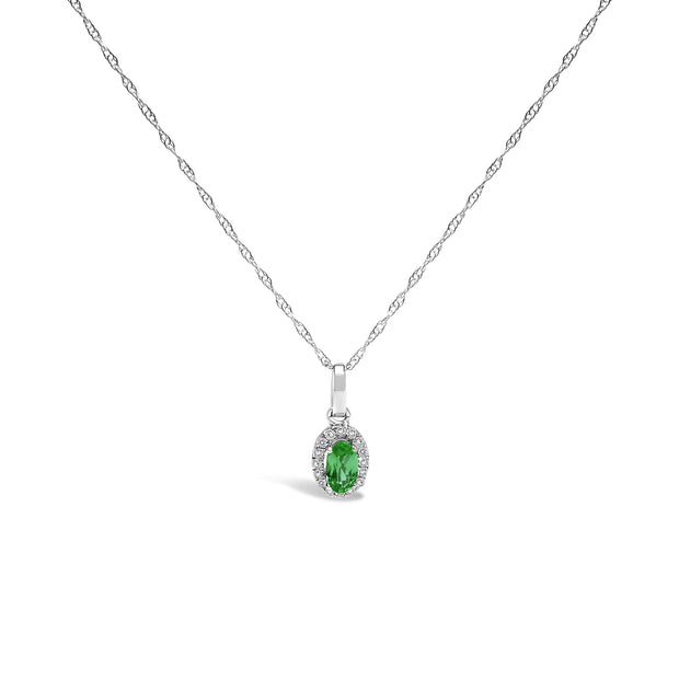 10K White Gold 5x3mm Gemstone & Diamond Halo Oval 18" Pendant Necklace