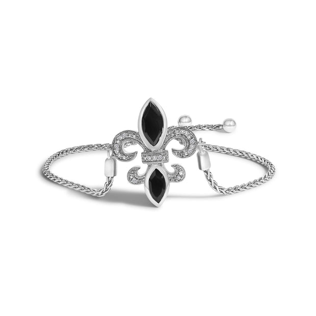 .925 Sterling Silver Marquise Black Onyx and Diamond Accent Lariat Bracelet