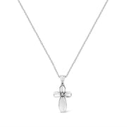 925 Silver Diamond Accent Floral Cross Pendant Necklace 18"