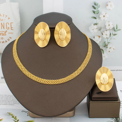 Trend Gold Jewelry Set – Necklace, Clip Earrings & Ring, Italian Elegant Party Accessories for Women