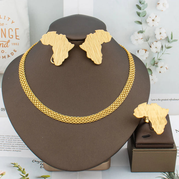 Trend Gold Jewelry Set – Necklace, Clip Earrings & Ring, Italian Elegant Party Accessories for Women