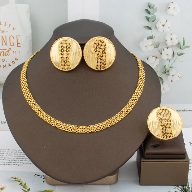 Trend Gold Jewelry Set – Necklace, Clip Earrings & Ring, Italian Elegant Party Accessories for Women