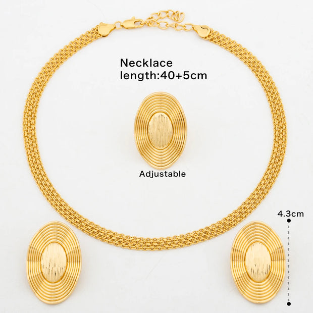 Trend Gold Jewelry Set – Necklace, Clip Earrings & Ring, Italian Elegant Party Accessories for Women
