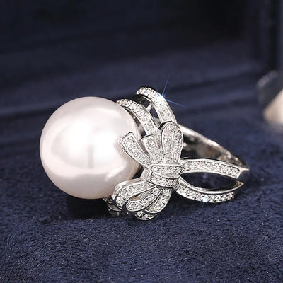 925 Sterling Silver Bow Pearl Ring with Cubic Zirconia – Elegant Wedding & Engagement Jewelry for Women