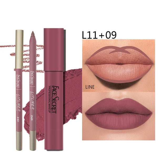 Matte Lipliner & Lipstick Set – Waterproof, Long-Lasting Soft Matte Lip Makeup | FACESECRET