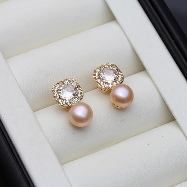 Freshwater Pearl & Zircon Stud Earrings for Women – Elegant Silver Jewelry, Birthday & Wedding Gift