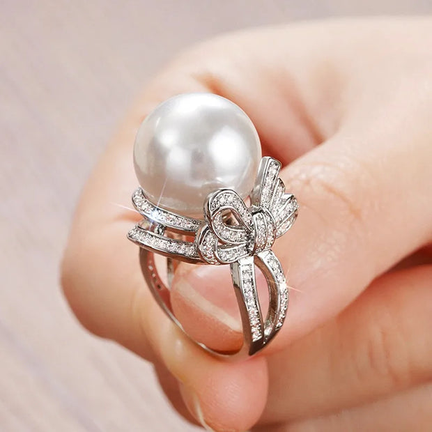 925 Sterling Silver Bow Pearl Ring with Cubic Zirconia – Elegant Wedding & Engagement Jewelry for Women