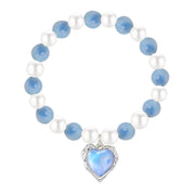 Women’s Beaded Heart Charm Bracelet – Natural Stone & Pearl Stretch Bangle
