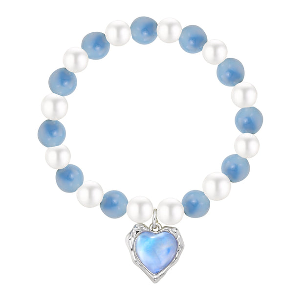 Women’s Beaded Heart Charm Bracelet – Natural Stone & Pearl Stretch Bangle