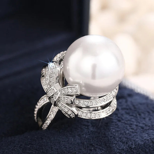925 Sterling Silver Bow Pearl Ring with Cubic Zirconia – Elegant Wedding & Engagement Jewelry for Women