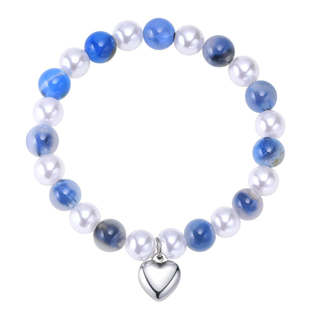 Women’s Beaded Heart Charm Bracelet – Natural Stone & Pearl Stretch Bangle