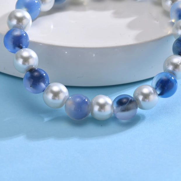 Women’s Beaded Heart Charm Bracelet – Natural Stone & Pearl Stretch Bangle