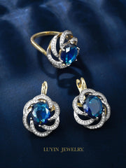 LUYIN Blue Stone Jewelry Set – Earrings & Ring, Copper Plated 14K Gold, Vintage Party Accessories for Women