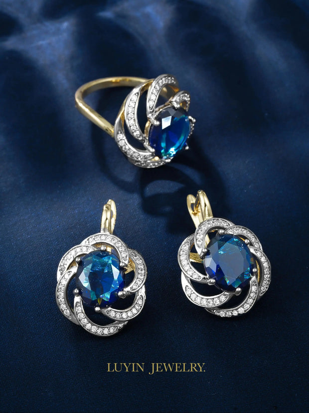 LUYIN Blue Stone Jewelry Set – Earrings & Ring, Copper Plated 14K Gold, Vintage Party Accessories for Women