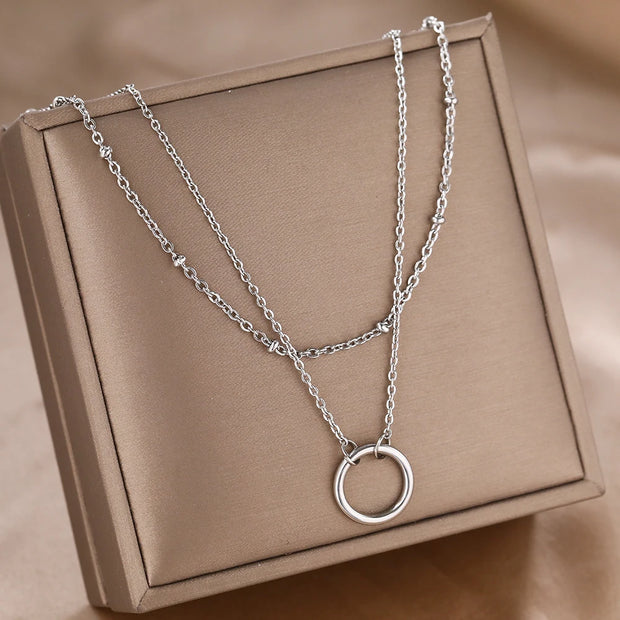DOTIFI Stainless Steel Circle Pendant Necklace – Layered Bead Chain Choker, Trendy Fine Jewelry for Women