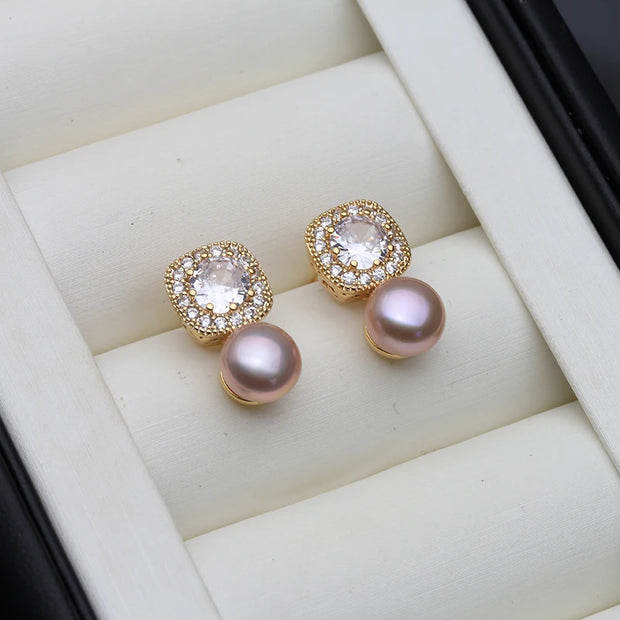 Freshwater Pearl & Zircon Stud Earrings for Women – Elegant Silver Jewelry, Birthday & Wedding Gift