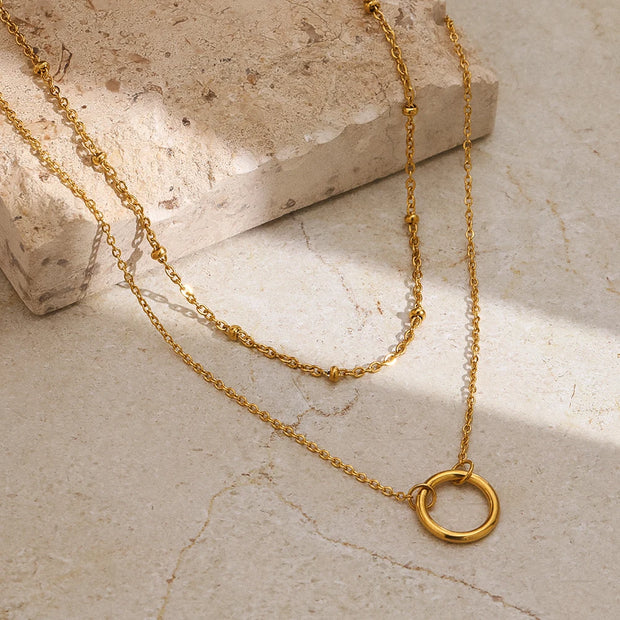DOTIFI Stainless Steel Circle Pendant Necklace – Layered Bead Chain Choker, Trendy Fine Jewelry for Women