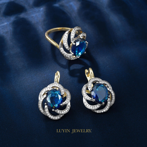 LUYIN Blue Stone Jewelry Set – Earrings & Ring, Copper Plated 14K Gold, Vintage Party Accessories for Women