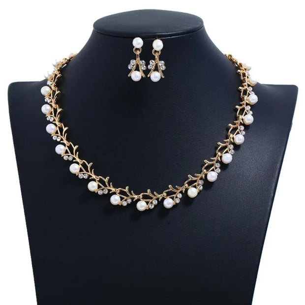 Elegant Bridal Jewelry Set – Faux Pearl & Rhinestone Necklace, Earrings & Bracelet | Wedding & Gift Set
