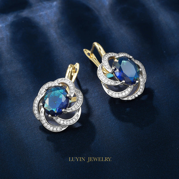 LUYIN Blue Stone Jewelry Set – Earrings & Ring, Copper Plated 14K Gold, Vintage Party Accessories for Women