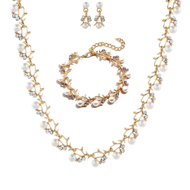 Elegant Bridal Jewelry Set – Faux Pearl & Rhinestone Necklace, Earrings & Bracelet | Wedding & Gift Set