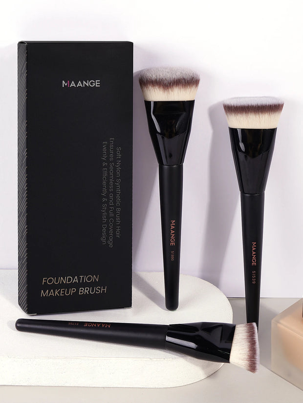 MAANGE 3pcs Professional Makeup Brush Set – Angle, Round & Flat Head Foundation Brushes with Box