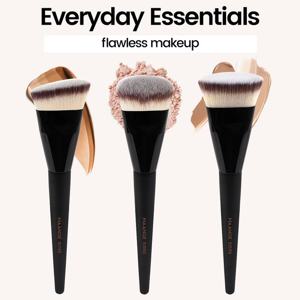 MAANGE 3pcs Professional Makeup Brush Set – Angle, Round & Flat Head Foundation Brushes with Box