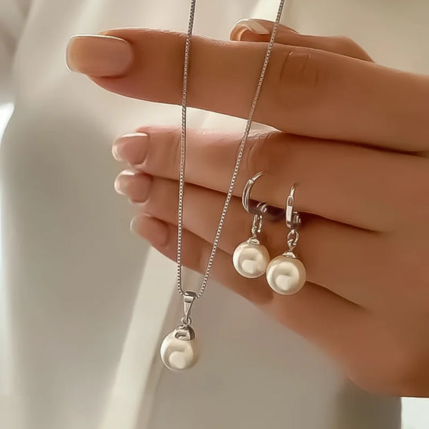 3-Piece Round Pearl Jewelry Set – Elegant Vintage Style for Women