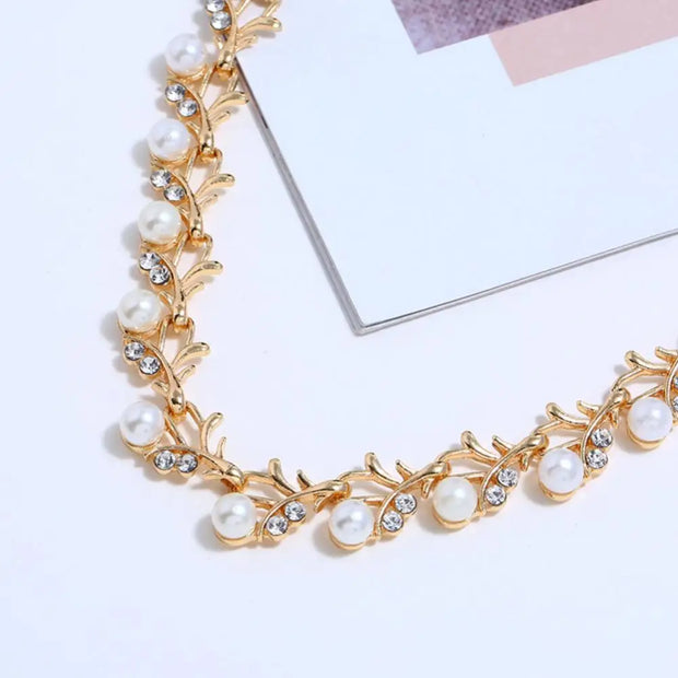 Elegant Bridal Jewelry Set – Faux Pearl & Rhinestone Necklace, Earrings & Bracelet | Wedding & Gift Set