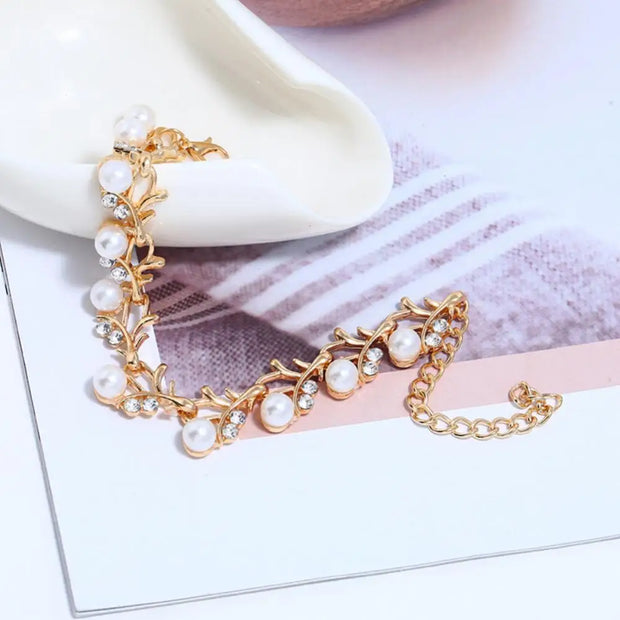 Elegant Bridal Jewelry Set – Faux Pearl & Rhinestone Necklace, Earrings & Bracelet | Wedding & Gift Set