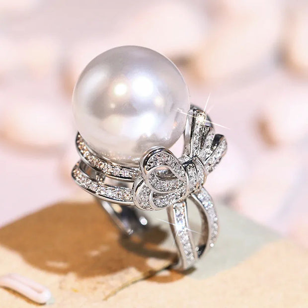 925 Sterling Silver Bow Pearl Ring with Cubic Zirconia – Elegant Wedding & Engagement Jewelry for Women