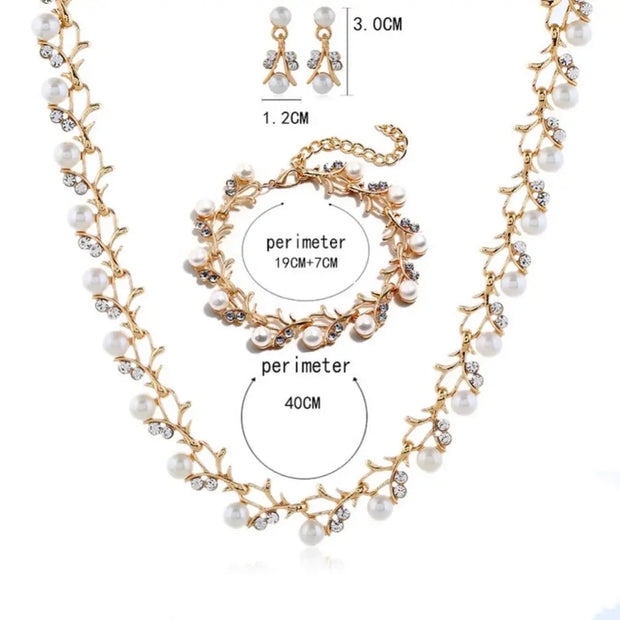Elegant Bridal Jewelry Set – Faux Pearl & Rhinestone Necklace, Earrings & Bracelet | Wedding & Gift Set