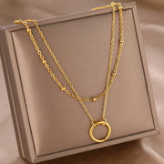 DOTIFI Stainless Steel Circle Pendant Necklace – Layered Bead Chain Choker, Trendy Fine Jewelry for Women