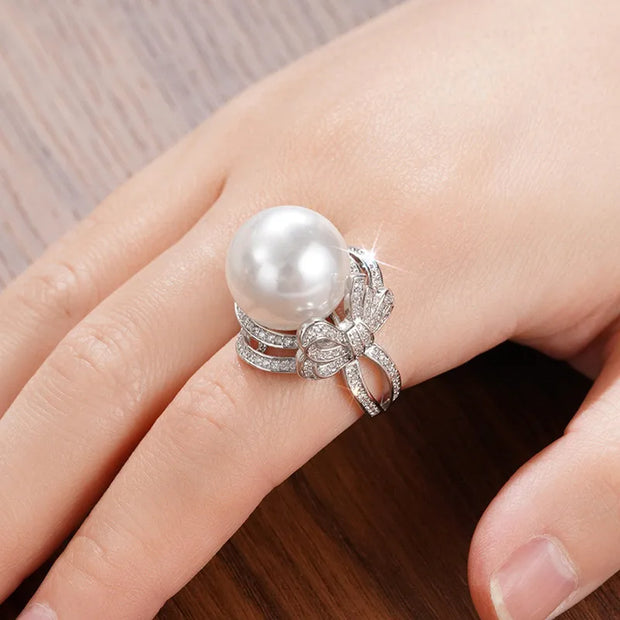 925 Sterling Silver Bow Pearl Ring with Cubic Zirconia – Elegant Wedding & Engagement Jewelry for Women