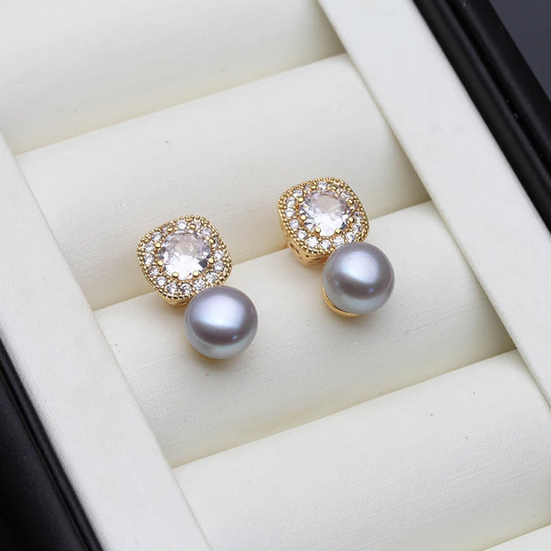 Freshwater Pearl & Zircon Stud Earrings for Women – Elegant Silver Jewelry, Birthday & Wedding Gift