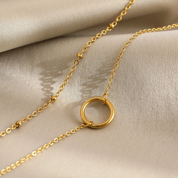 DOTIFI Stainless Steel Circle Pendant Necklace – Layered Bead Chain Choker, Trendy Fine Jewelry for Women