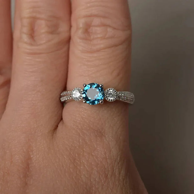 Sterling Silver Sea Blue Zircon Ring – Elegant Promise &amp; Wedding Jewelry