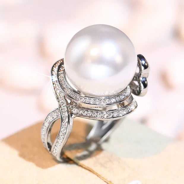 925 Sterling Silver Bow Pearl Ring with Cubic Zirconia – Elegant Wedding & Engagement Jewelry for Women
