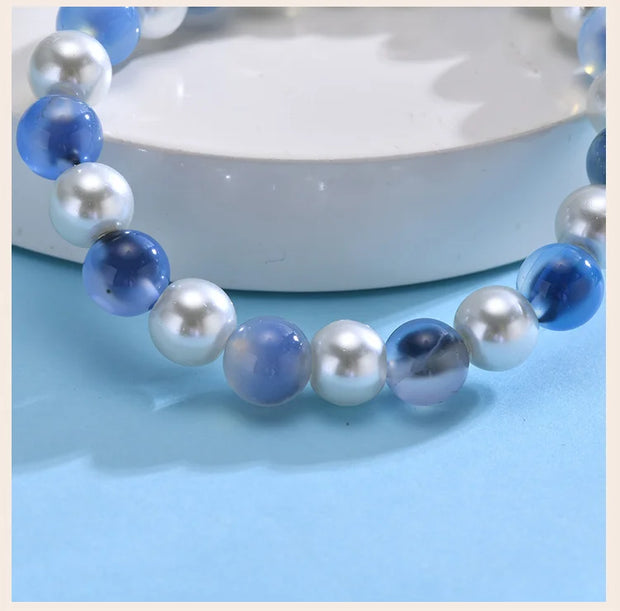 Women’s Beaded Heart Charm Bracelet – Natural Stone & Pearl Stretch Bangle