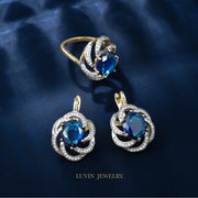 LUYIN Blue Stone Jewelry Set – Earrings & Ring, Copper Plated 14K Gold, Vintage Party Accessories for Women