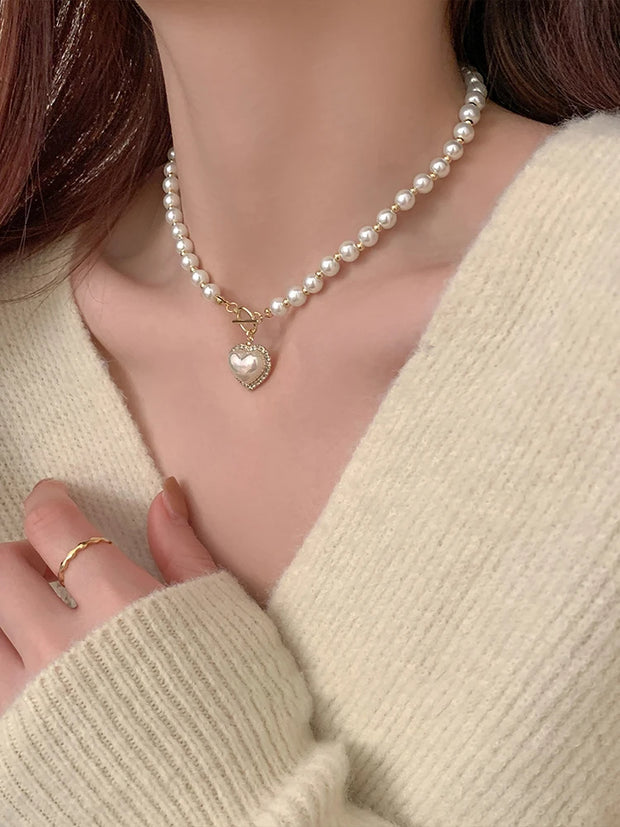 Elegant Pearl Heart  Necklace