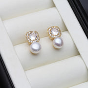 Freshwater Pearl & Zircon Stud Earrings for Women – Elegant Silver Jewelry, Birthday & Wedding Gift