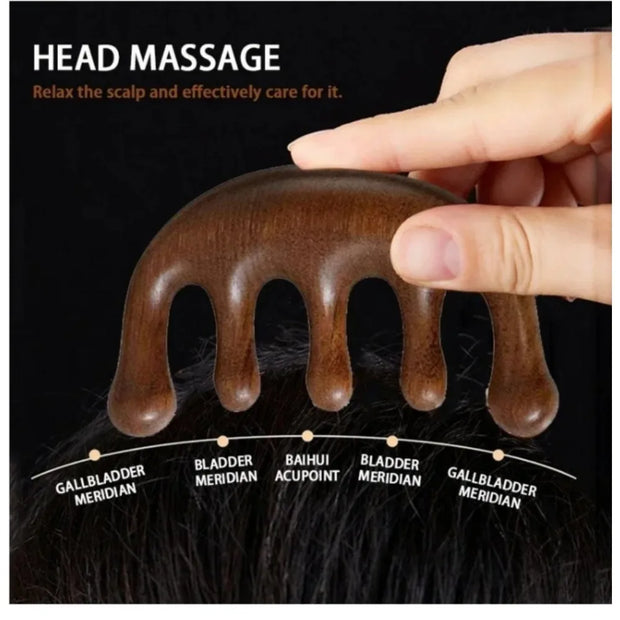 Sandalwood Massage Comb – Five-Tooth Whale Comb & Scalp Massager | Relaxing Hair & Body Wellness Tool