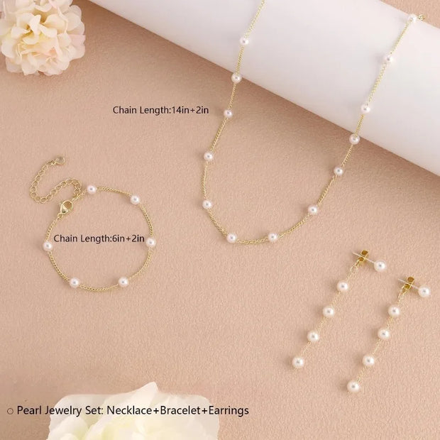 Elegant Gold Pearl Jewelry Set – Necklace, Earrings & Bracelet