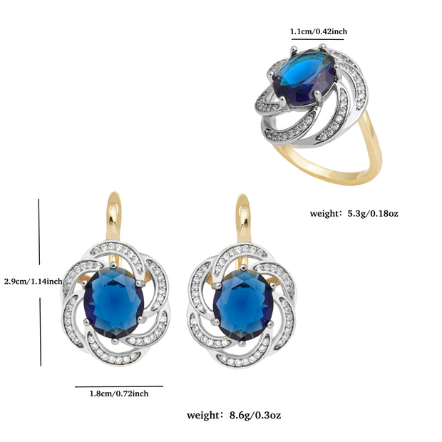 LUYIN Blue Stone Jewelry Set – Earrings & Ring, Copper Plated 14K Gold, Vintage Party Accessories for Women