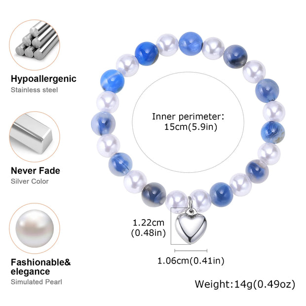 Women’s Beaded Heart Charm Bracelet – Natural Stone & Pearl Stretch Bangle