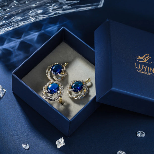 LUYIN Blue Stone Jewelry Set – Earrings & Ring, Copper Plated 14K Gold, Vintage Party Accessories for Women