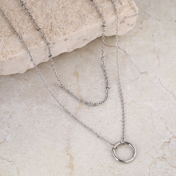 DOTIFI Stainless Steel Circle Pendant Necklace – Layered Bead Chain Choker, Trendy Fine Jewelry for Women